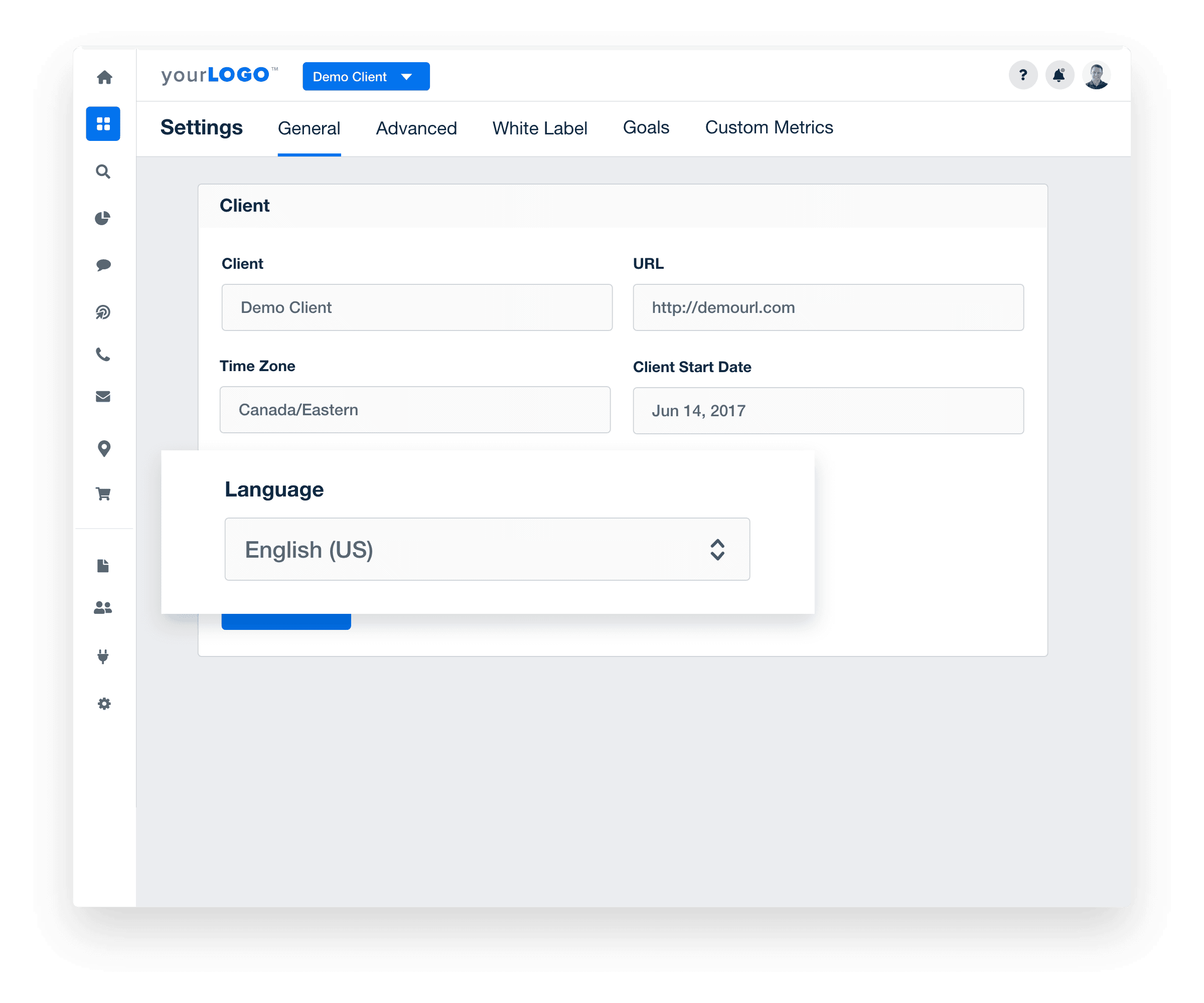 A screenshot of the client reporting language settings