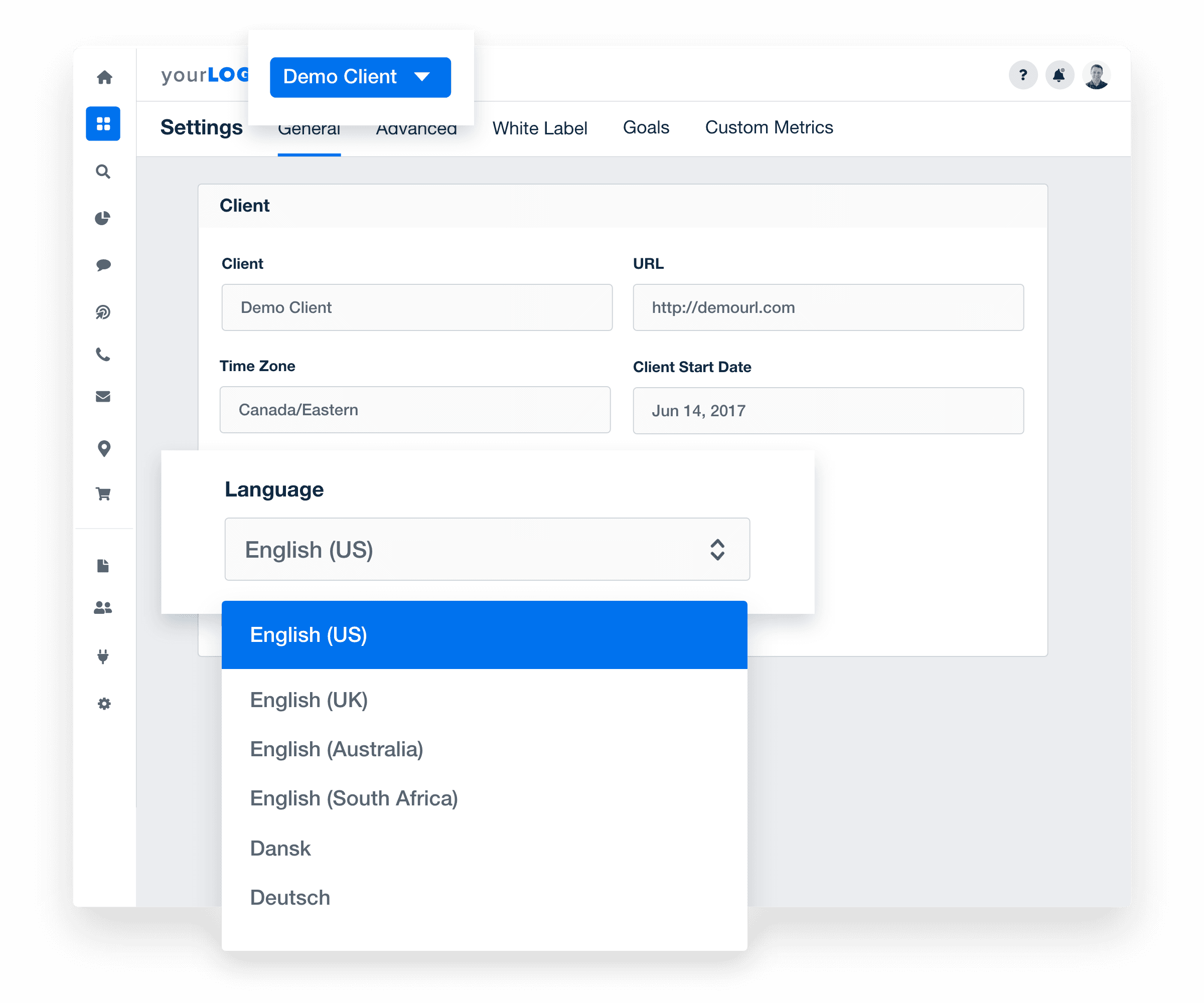 A screenshot demonstrating how a marketing agency can change the client reporting language