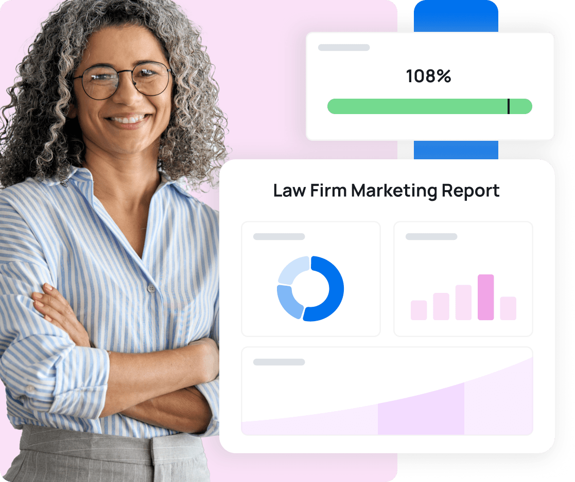 Graphic showing a female lawyer and a stylized law firm marketing report