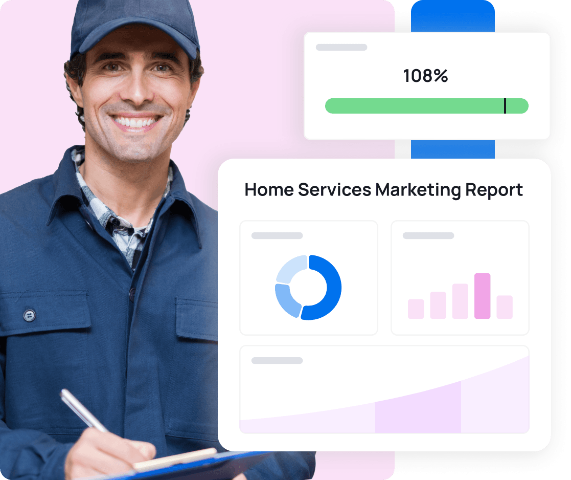 An image of a home services technician alongside a stylized representation of a home services marketing report
