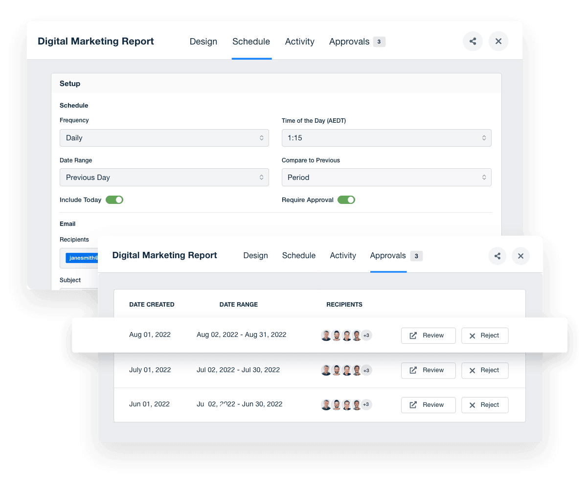 An example of the AgencyAnalytics report scheduling feature for automated marketing reports