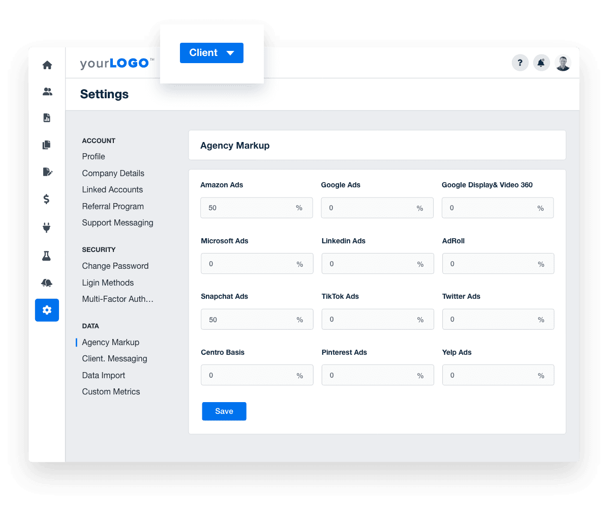 A screenshot of the marketing agency PPC ad spend markup options in AgencyAnalytics