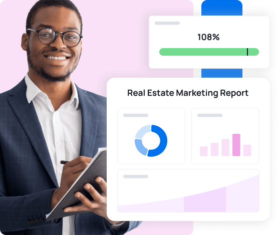 Image showing a real estate agent and a stylized representation of a real estate marketing report