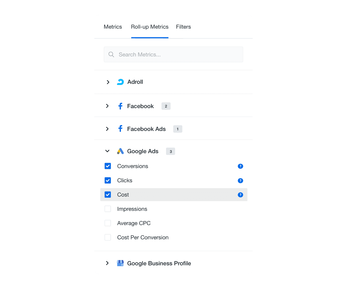 Add the Roll-up Metrics that matter most to your agency for portfolio-wide performance visibility
