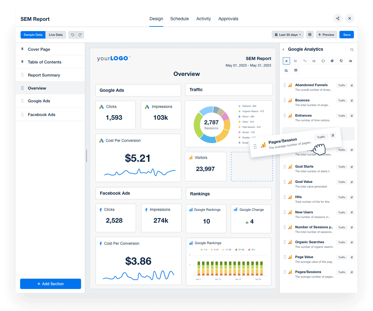 An screenshot of the AgencyAnalytics reporting tool drag-and-drop report and dashboard editor