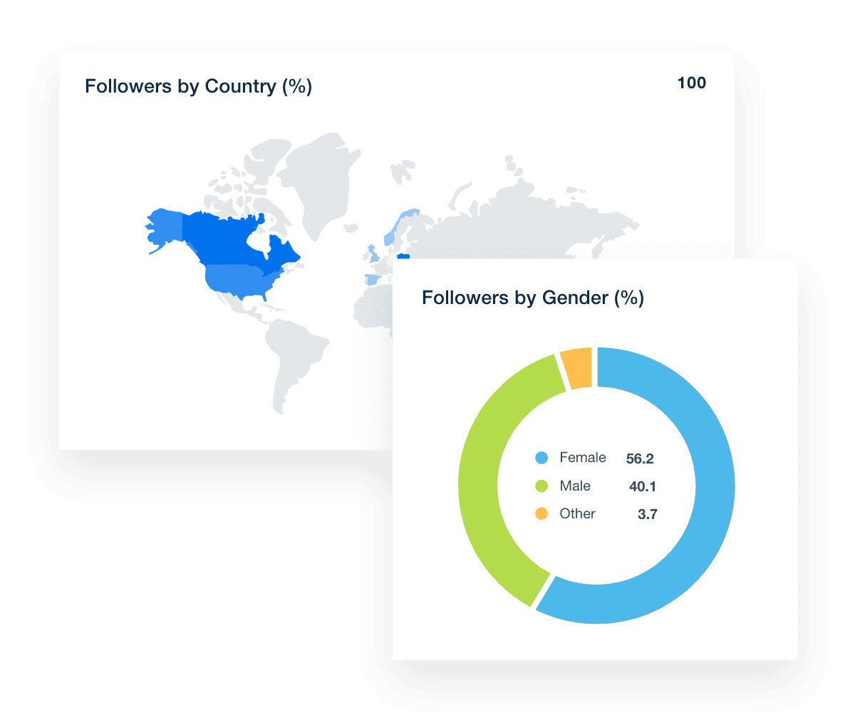 Track and report on TikTok demographics metrics like Followers by Country and Gender inside an automated TikTok reporting tool.