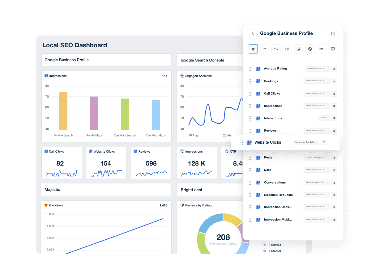An image of a Local SEO dashboard being customized using a drag-and-drop SEO report builder
