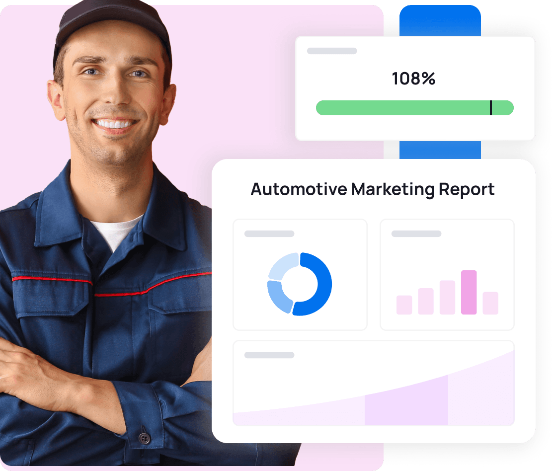 An image of an automotive service rep alongside a stylized representation of an automotive marketing report