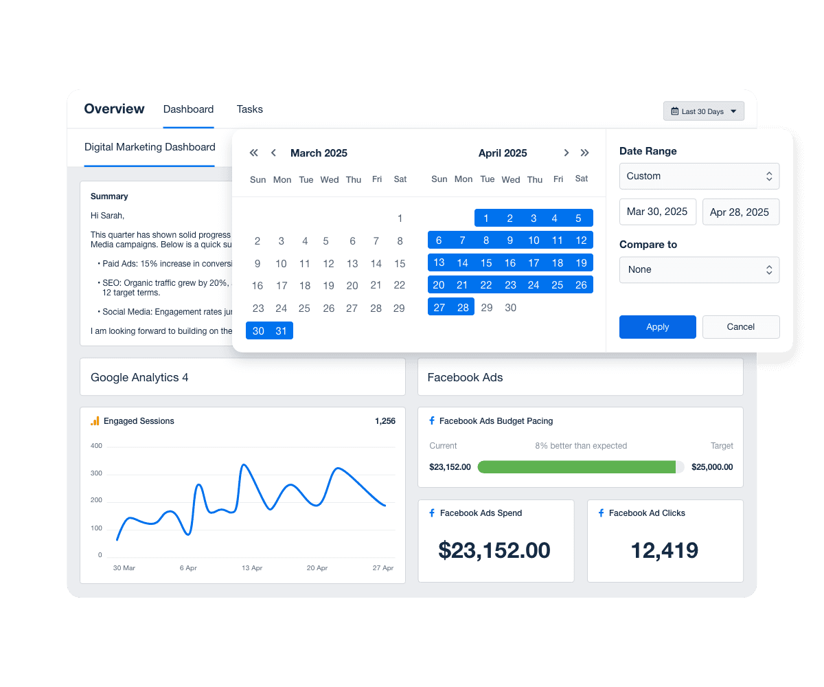 Example of the date range picker function in a marketing agency client portal
