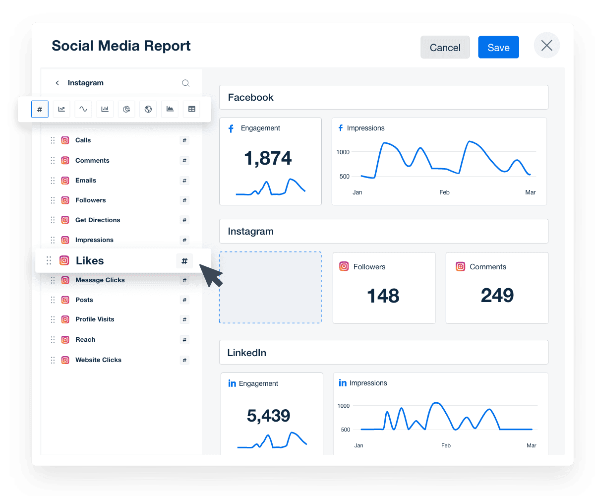 A screenshot highlighting engagement metrics available in a social media report template from AgencyAnalytics