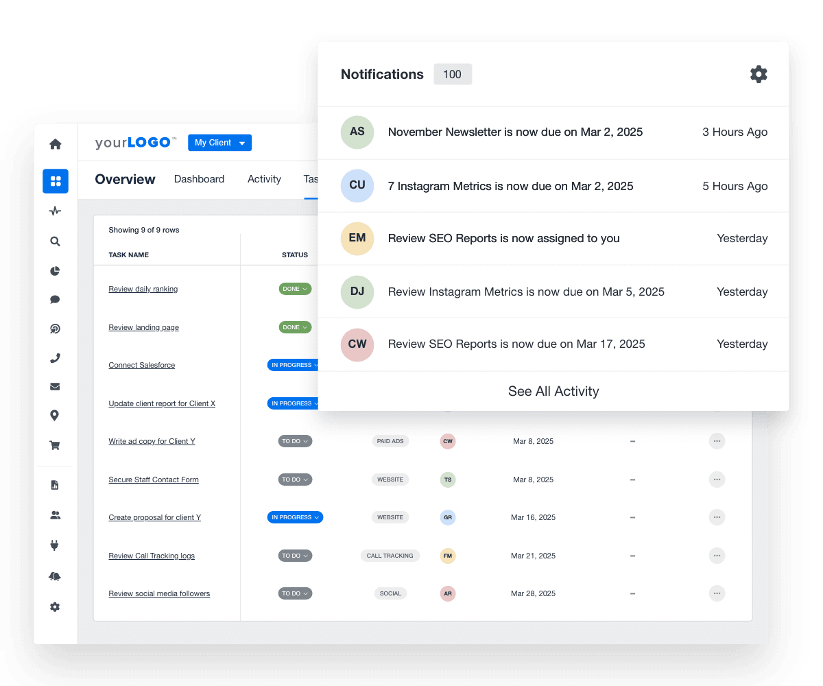 A screenshot of marketing agency project task management software in AgencyAnalytics