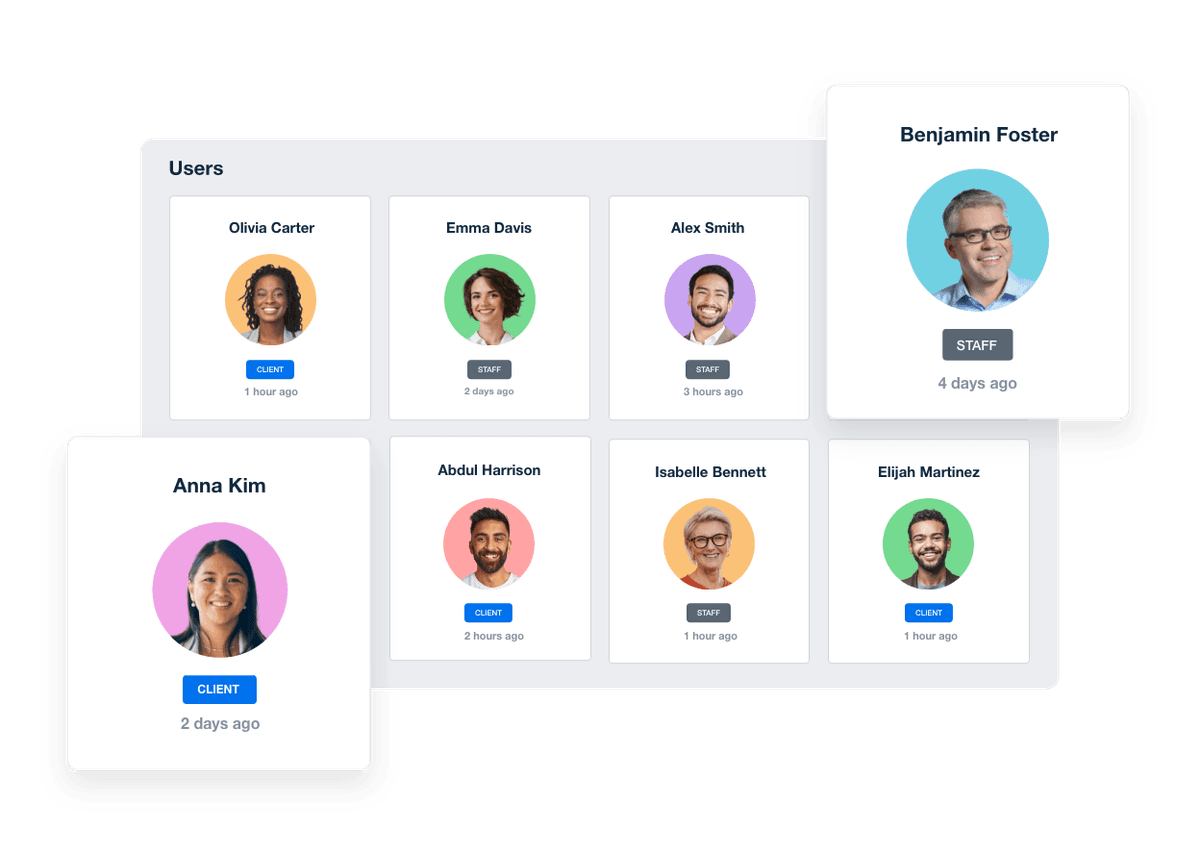 A screenshot of the AgencyAnalytics client and staff user access management screen