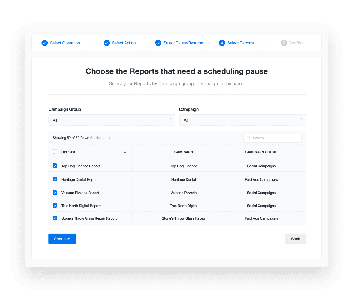 An example of how to pause & resume marketing report scheduling in bulk
