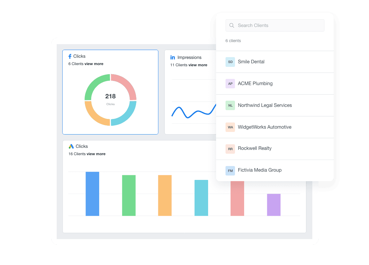 An illustration showing how to aggregate key marketing metrics across clients with Roll-up Reports and Dashboards.