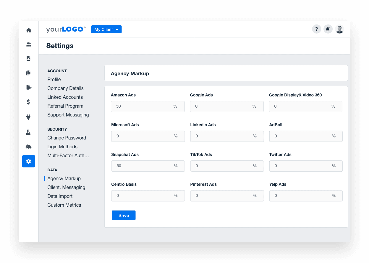 A screenshot of the automated PPC spend markup tools available to marketing agencies