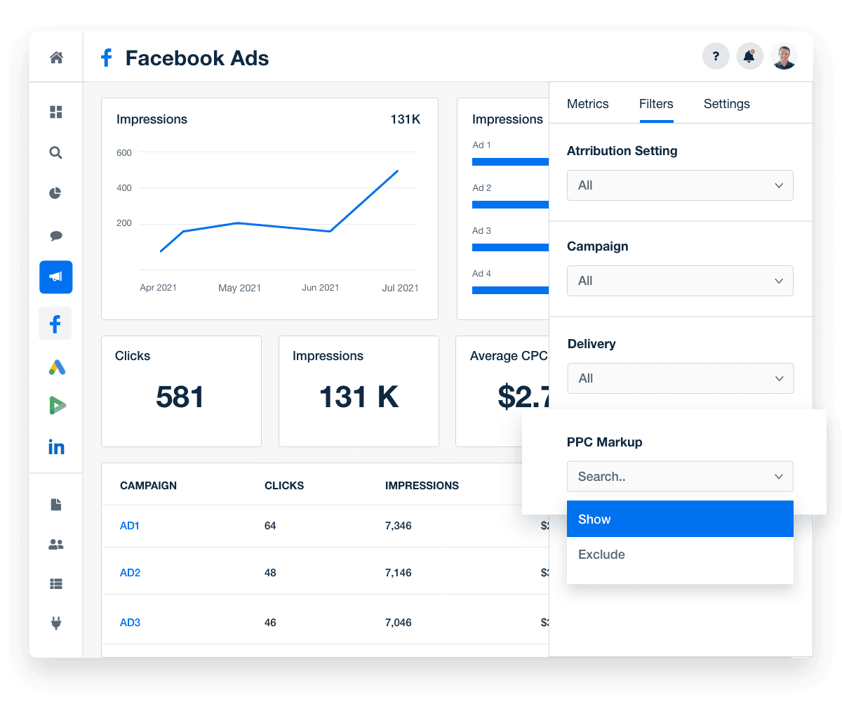 A screenshot of PPC ad spend markup options in custom marketing reports and dashboards