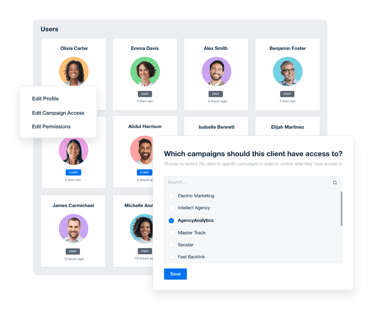 A screenshot showing granular client permissions in AgencyAnalytics