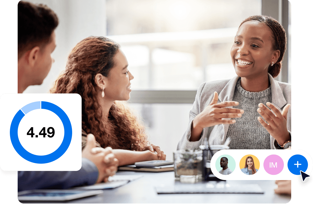 An image of people discussing the contents of the online reputation management reporting software