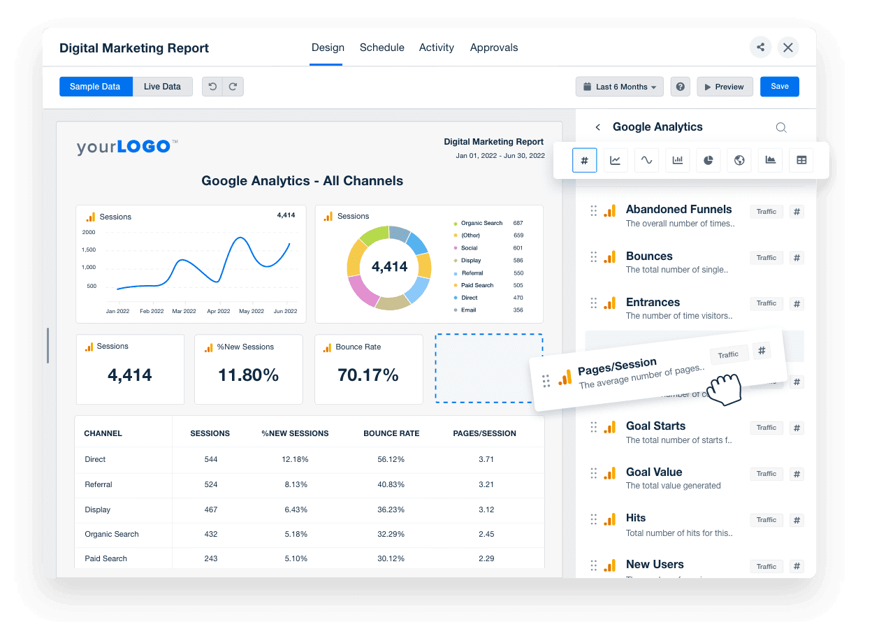 An example of the client marketing report drag-and-drop editor in action