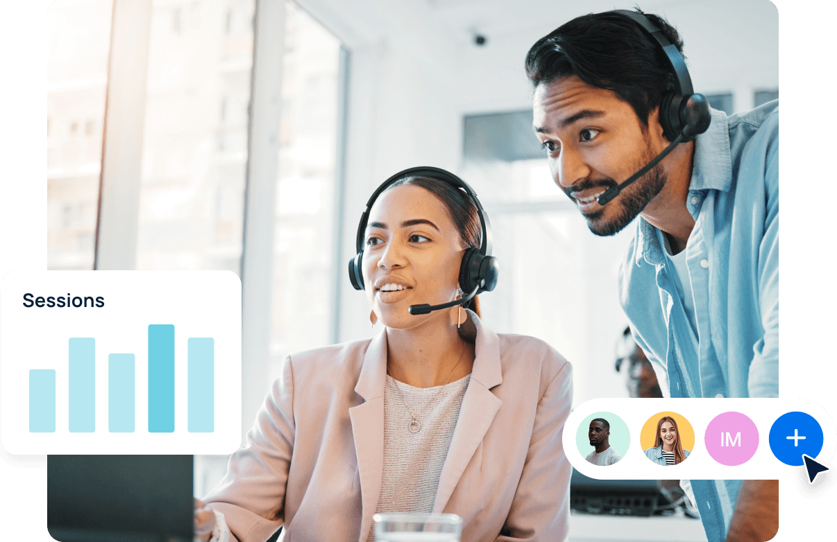 An image showing two employees using the client retention tools built for marketing agencies