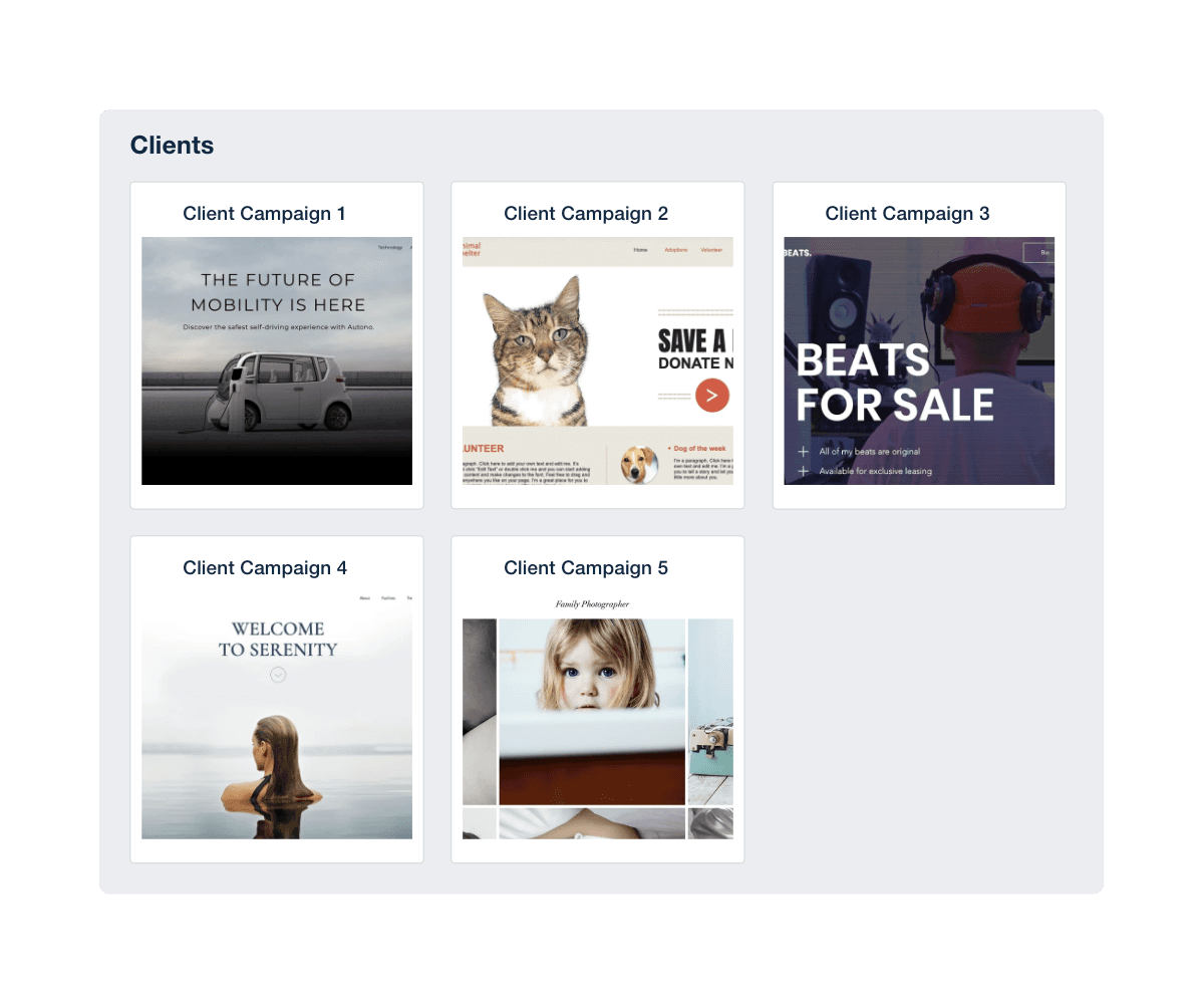 A screenshot of the client overview screen showing all of the marketing agency's current clients