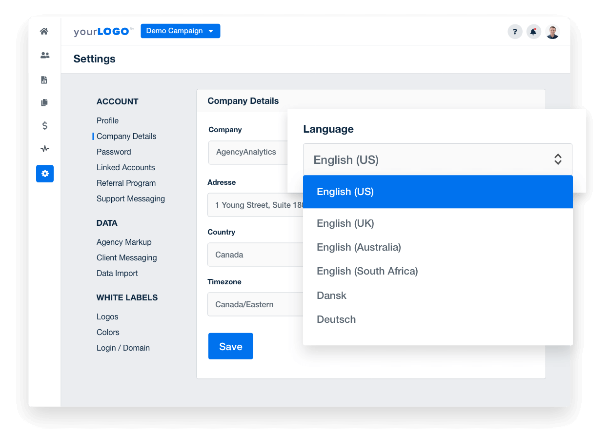 An example of how to customize language settings for marketing dashboards and client reporting software