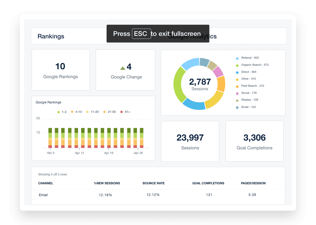 A screenshot of AgencyAnalytics presentation mode showing client campaign performance