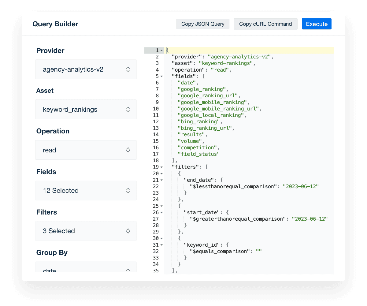 Automate the process of pulling client keyword rankings using the AgencyAnalytics API query builder.