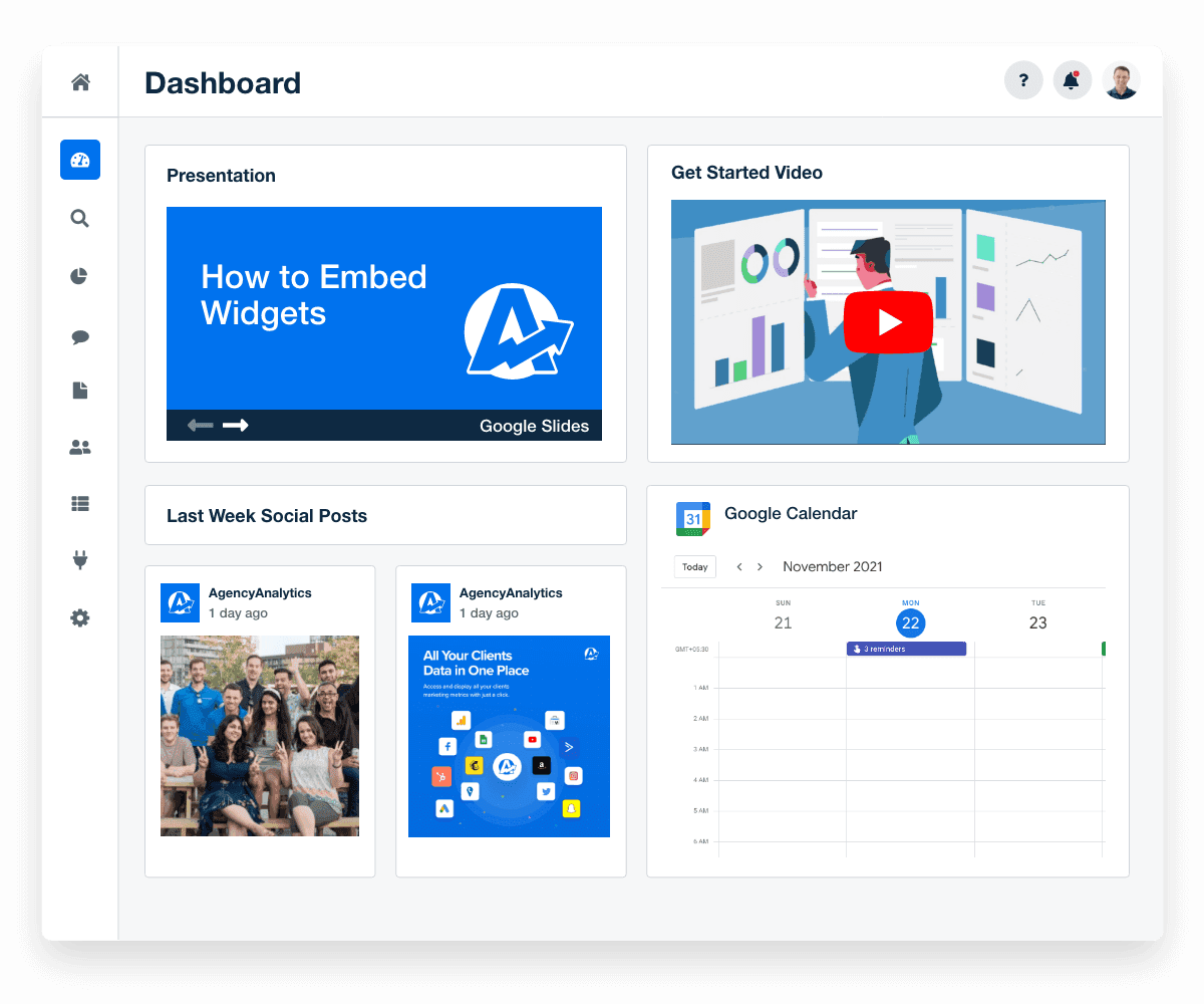 A screenshot showing examples of embedded third-party services in an AgencyAnalytics custom marketing dashboard