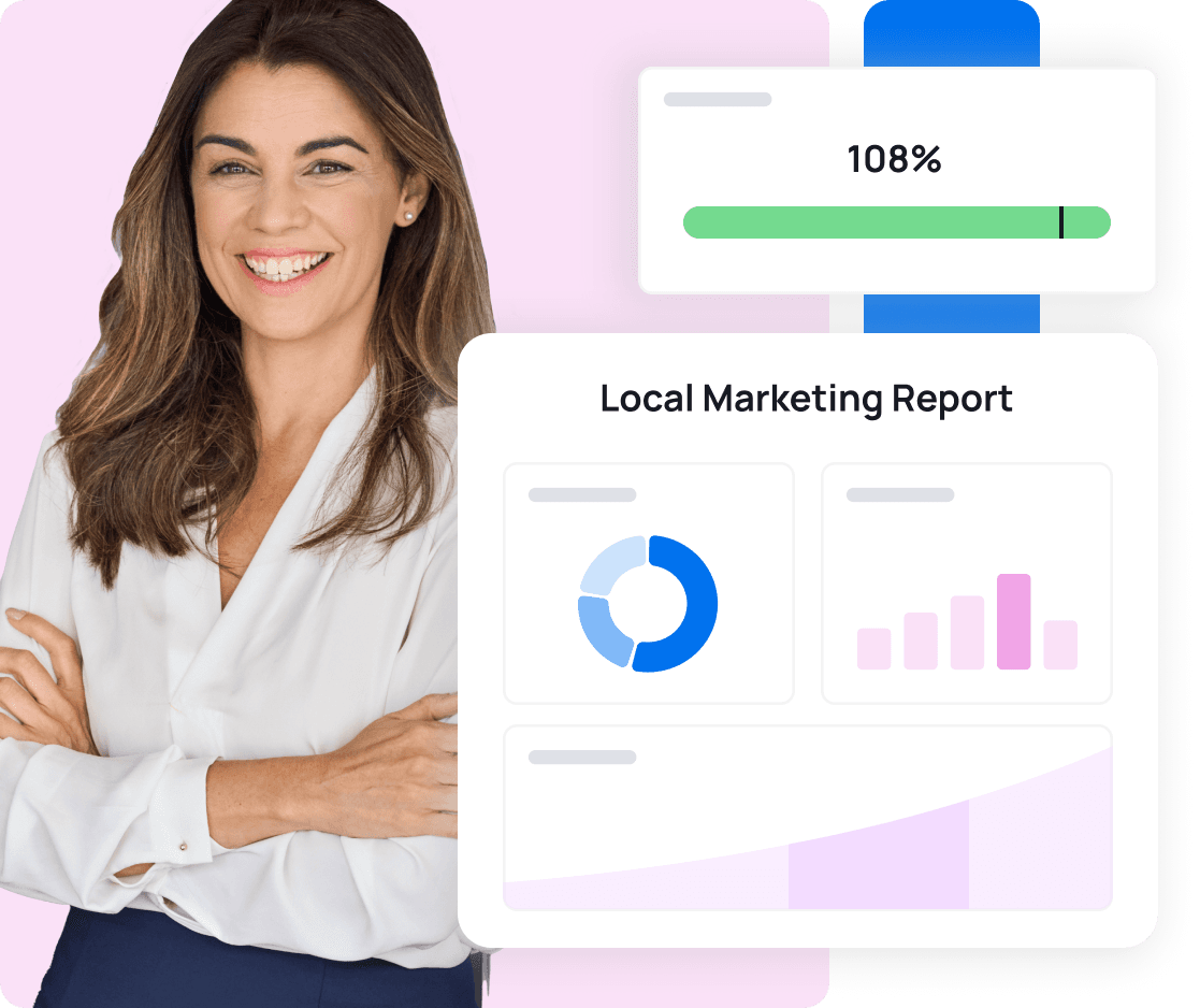 An image of a local business owner alongside a stylized representation of a local marketing report