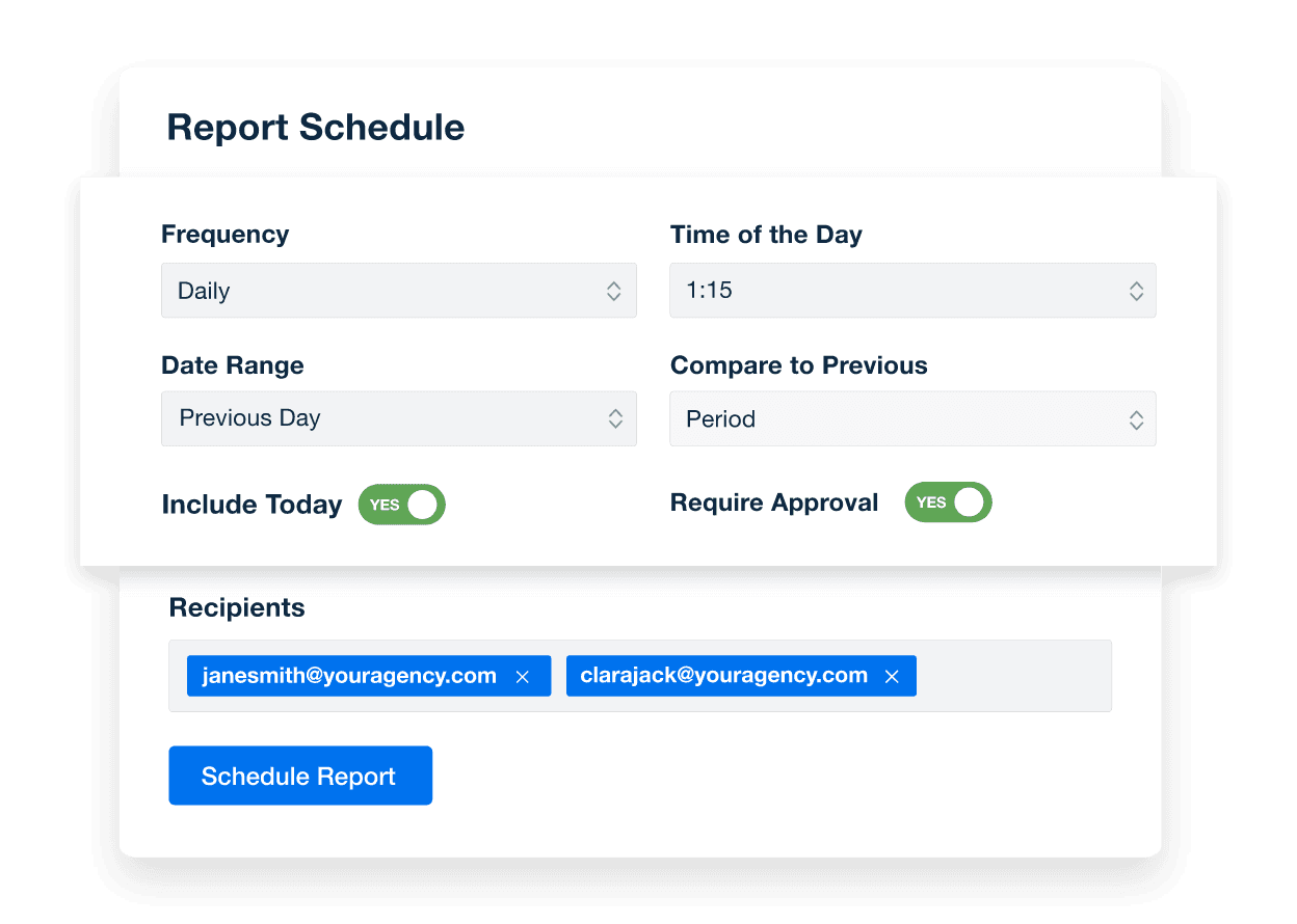 Report scheduling feature inside the AgencyAnalytics automated client reporting platform