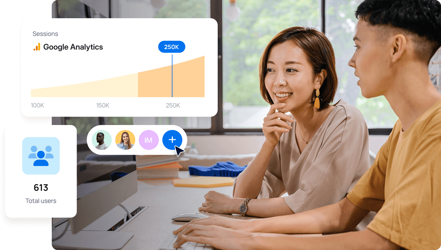 An image showing people at a marketing agency using AgencyAnalytics dashboard to track client campaign metrics