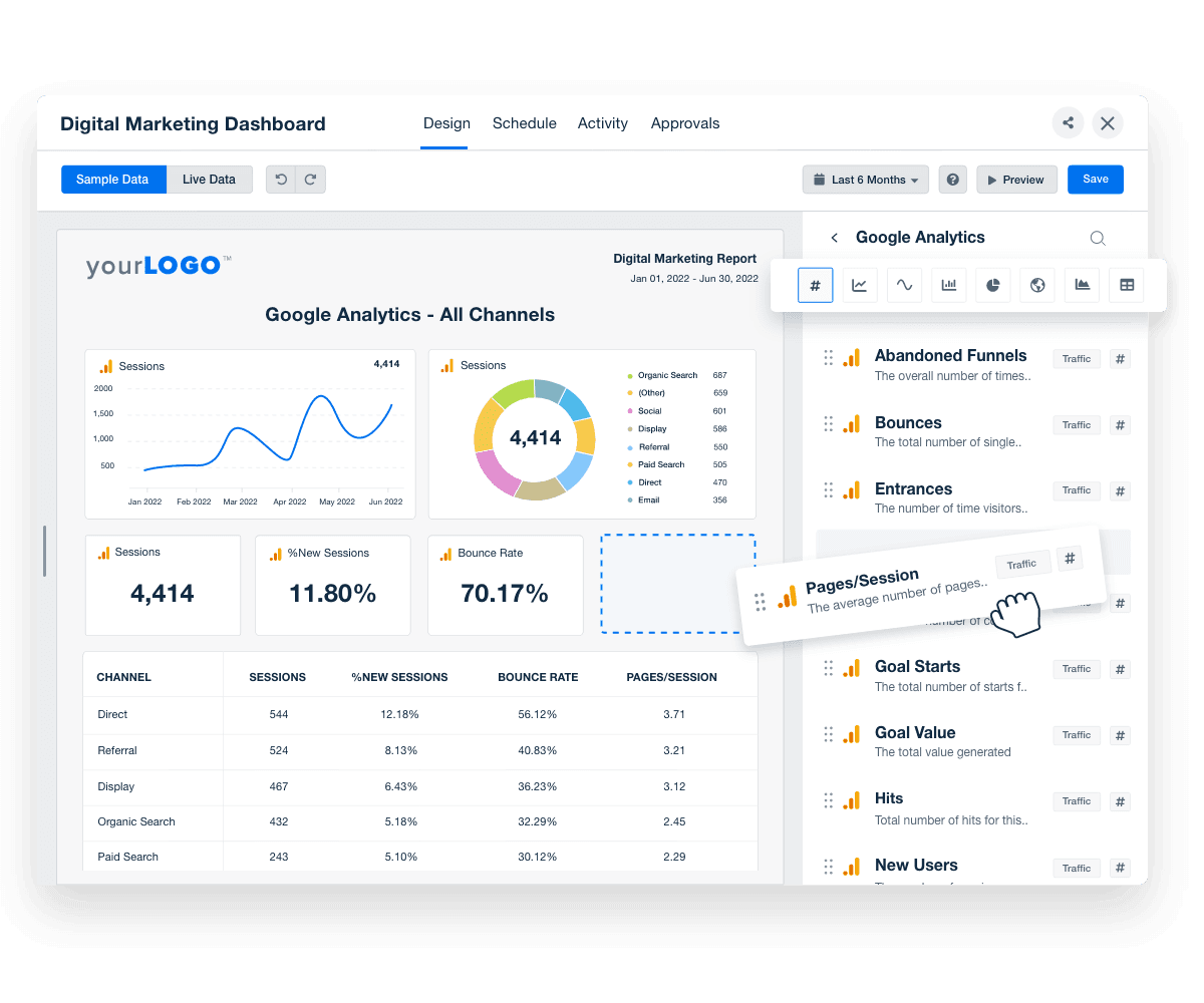 An example of the drag-and-drop marketing agency client dashboard builder