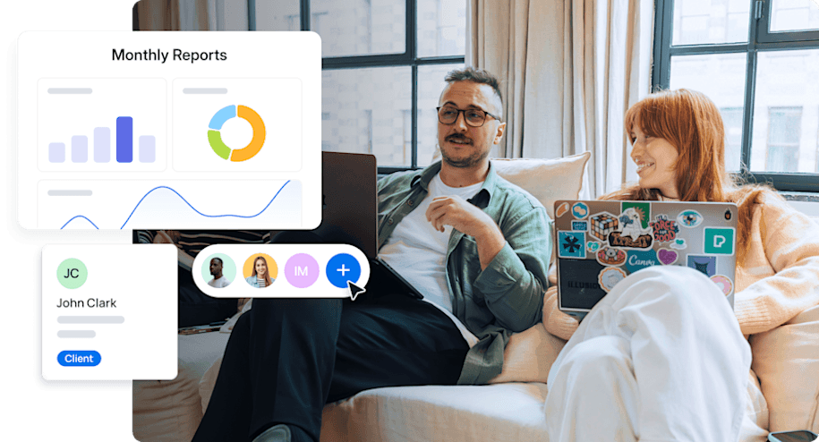 Illustration of people using AgencyAnalytics automated client reporting software features
