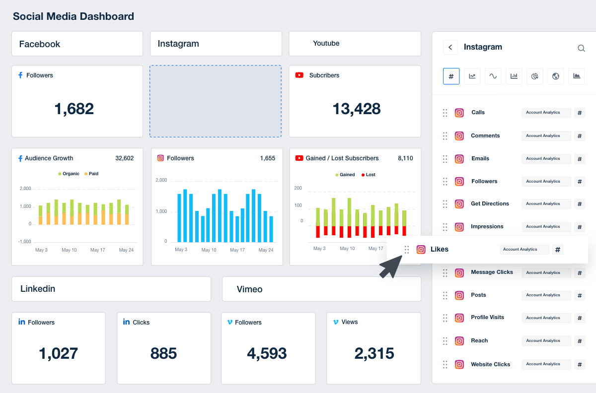 An image showing the drag-and-drop social media report builder for marketing agencies